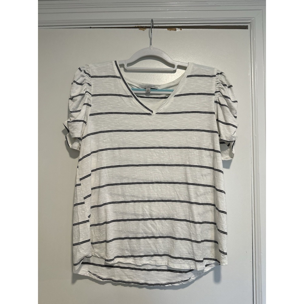 Green Envelope Nautical Striped Ruched Balloon Sleeve Tee Sz:L White Black Knit